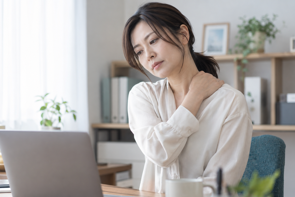 デスクワーク中に首・肩のこりを感じている女性